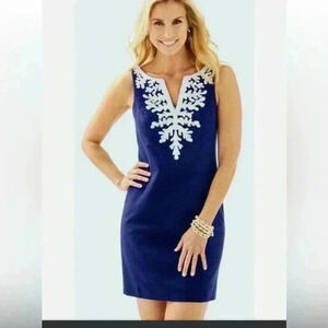 Lilly Pulitzer Coral Gabby Shift Navy Midi Dress,‎ White Beaded Neckline SZ 00